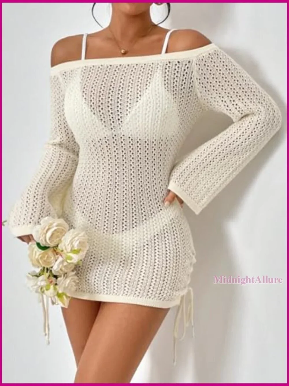 Off Shoulder Crochet Cover Up Dress Drawstring Bathing Suit Beachwear